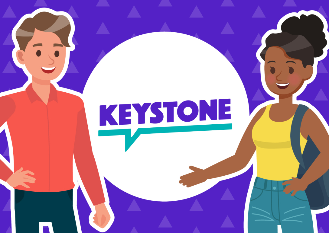 Two members on either side of the keystone logo