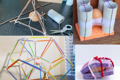 A collage of four egg drop devices.